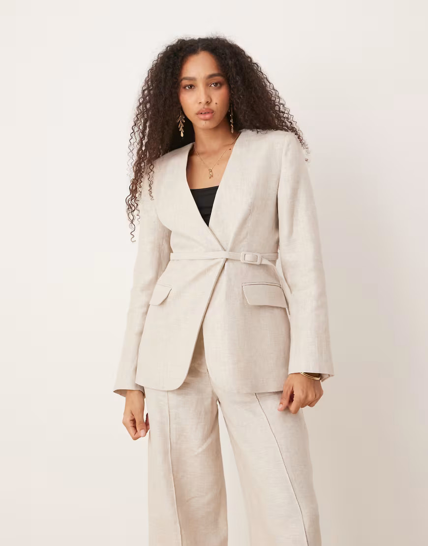 Mango linen v-neck blazer with cinch waist belt detail in oatmeal - part of a set-Neutral | ASOS (Global)