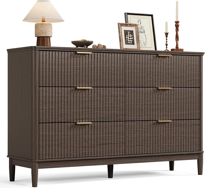 LINSY Fluted Dresser for Bedroom with 6 Drawers, Mid Century Modern Chest of Drawers with Gold Me... | Amazon (US)