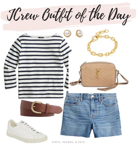 Outfit of the day after my shopping day at JCrew yesterday! #ootd #jcrew #spring #jeanshorts #stripedshirt #veja