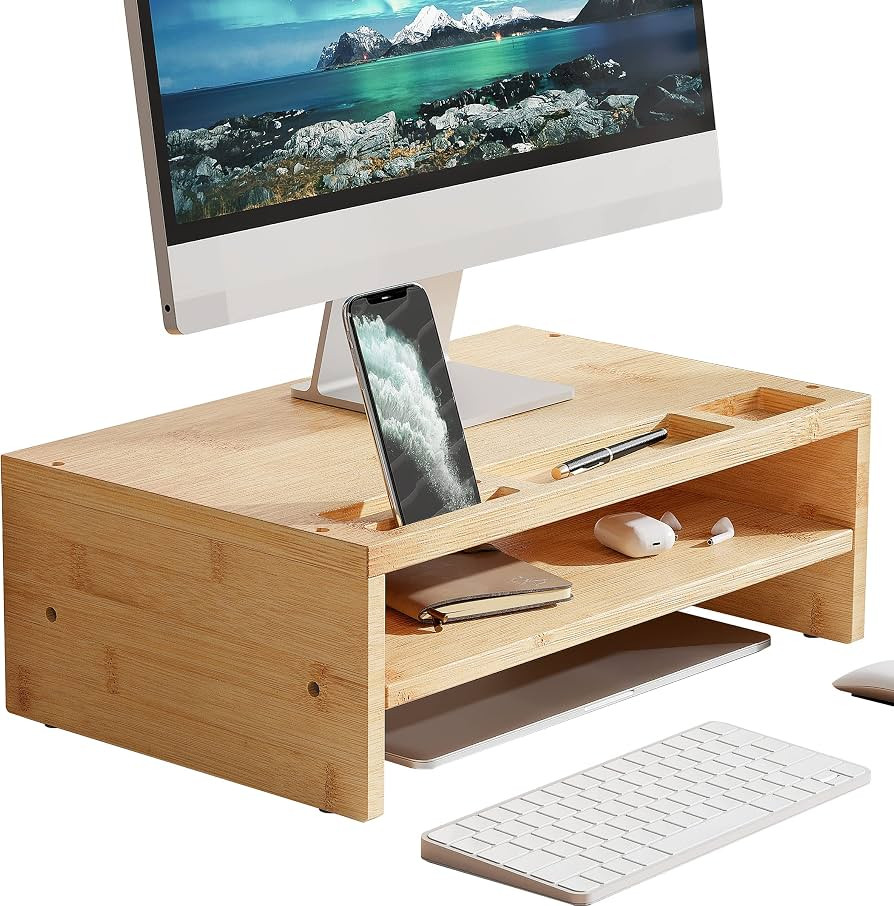 Bamboo Monitor Stand - 2 Tiers Computer Monitor Riser with Storage Organizer, Cellphone Holder, D... | Amazon (US)
