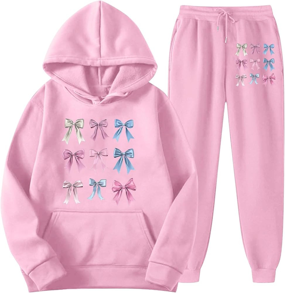 Women 2 Piece Outfits Colour Bow Print Hoodie Sweatsuits Set Long Sleeve Sweatshirt Matching Jogg... | Amazon (US)
