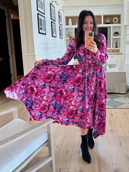 This spring dress is everything! So comfy and flattering! Comes in this pink floral, a blue floral, and black! Wearing size small. 
Black sock booties on repeat! 

#LTKSpringSale #LTKfindsunder50