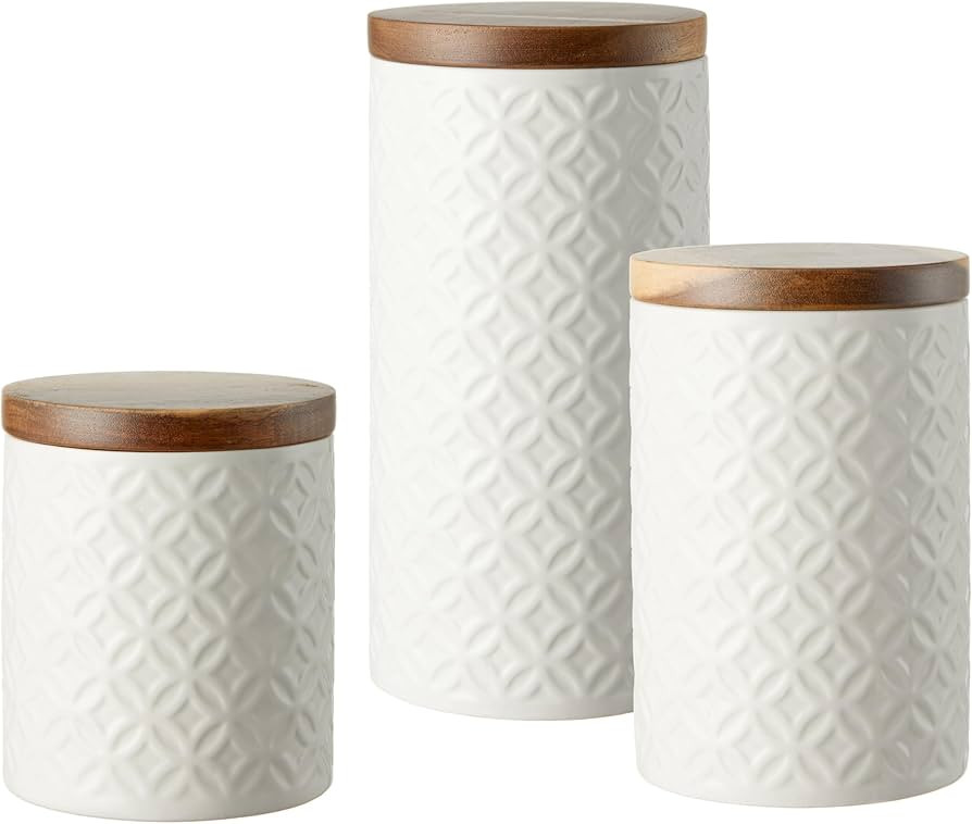 Embossed Ceramic Canister Set 3-piece Storage Jars Food Containers with Airtight Acacia Wood Lids... | Amazon (US)
