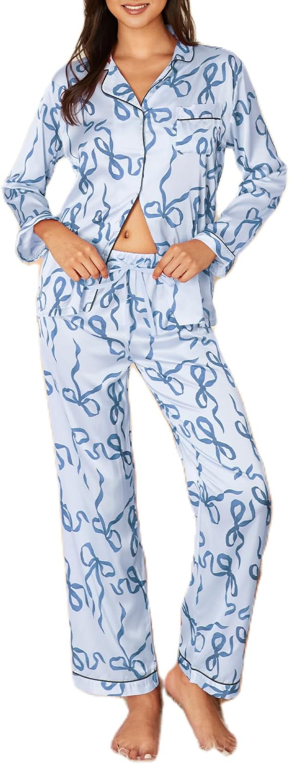 cochineal Bow Pajamas for Women Long Sleeve Button Shirt Lounge Pants Pjs Set Silk Satin 2 Piece ... | Amazon (US)