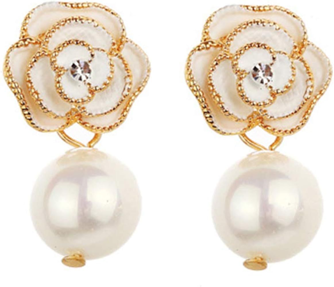 Fashion Design Faux Pearl Charm Flower Dangle Drop Earrings Studs For Women | Amazon (US)