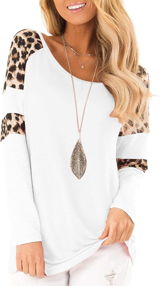 Topstype Womens Leopard Print Tops Color Block Long Sleeve Crew Neck Sweatshirts Casual Blouses Chee | Amazon (US)