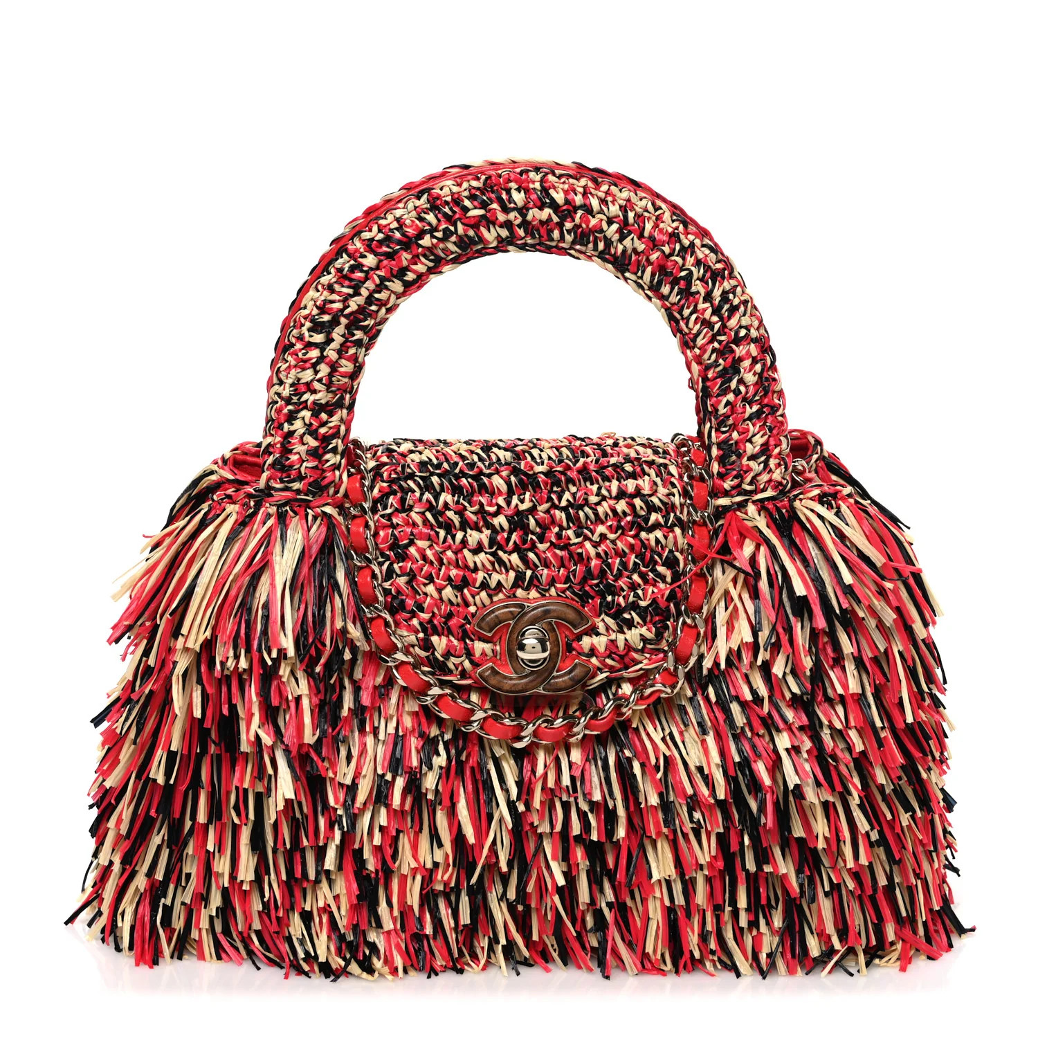 Chanel Raffia Fringe Nano Kelly Shopper Red Beige Black 1878786 | FASHIONPHILE (US)