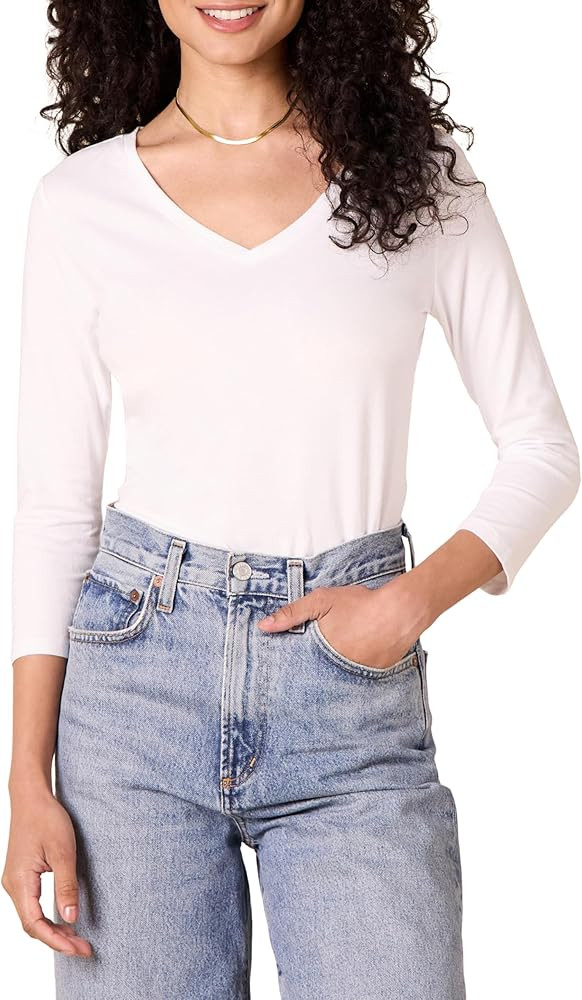 Amazon Essentials Womens Regular-Fit 3/4 Sleeve V-Neck T-Shirt (Available in Plus Size) | Amazon (US)