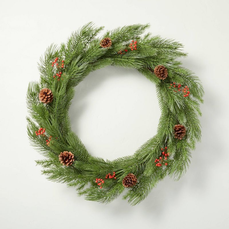 Pine & Winterberry Seasonal Faux Wreath with Pinecones Green/Red/Brown - Hearth & Hand™ with Ma... | Target