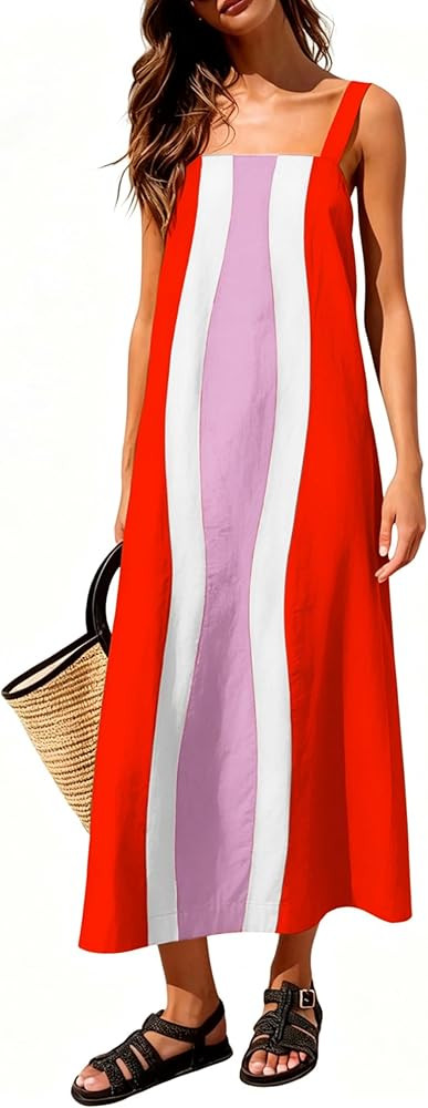 Yidarer Women's Summer Boho Midi Dress Color Block Adjustable Straps Beach Vacation Overall Dress... | Amazon (US)