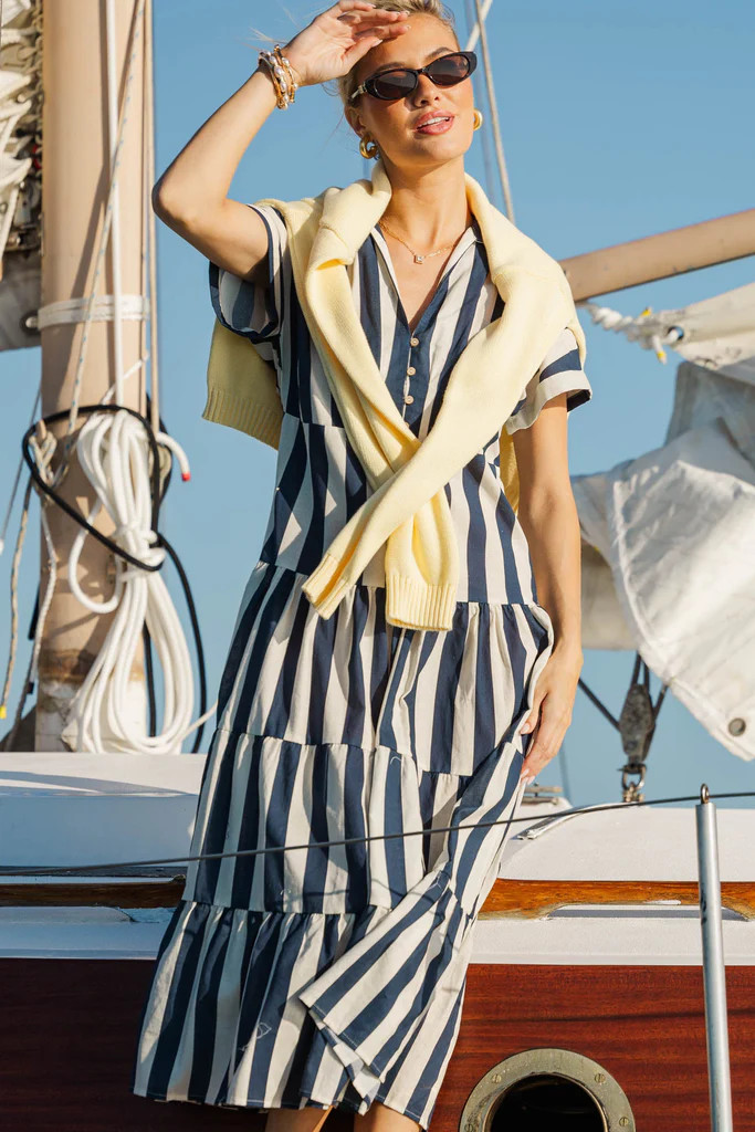 Search Your Heart Navy Blue Striped Midi Dress | The Mint Julep Boutique