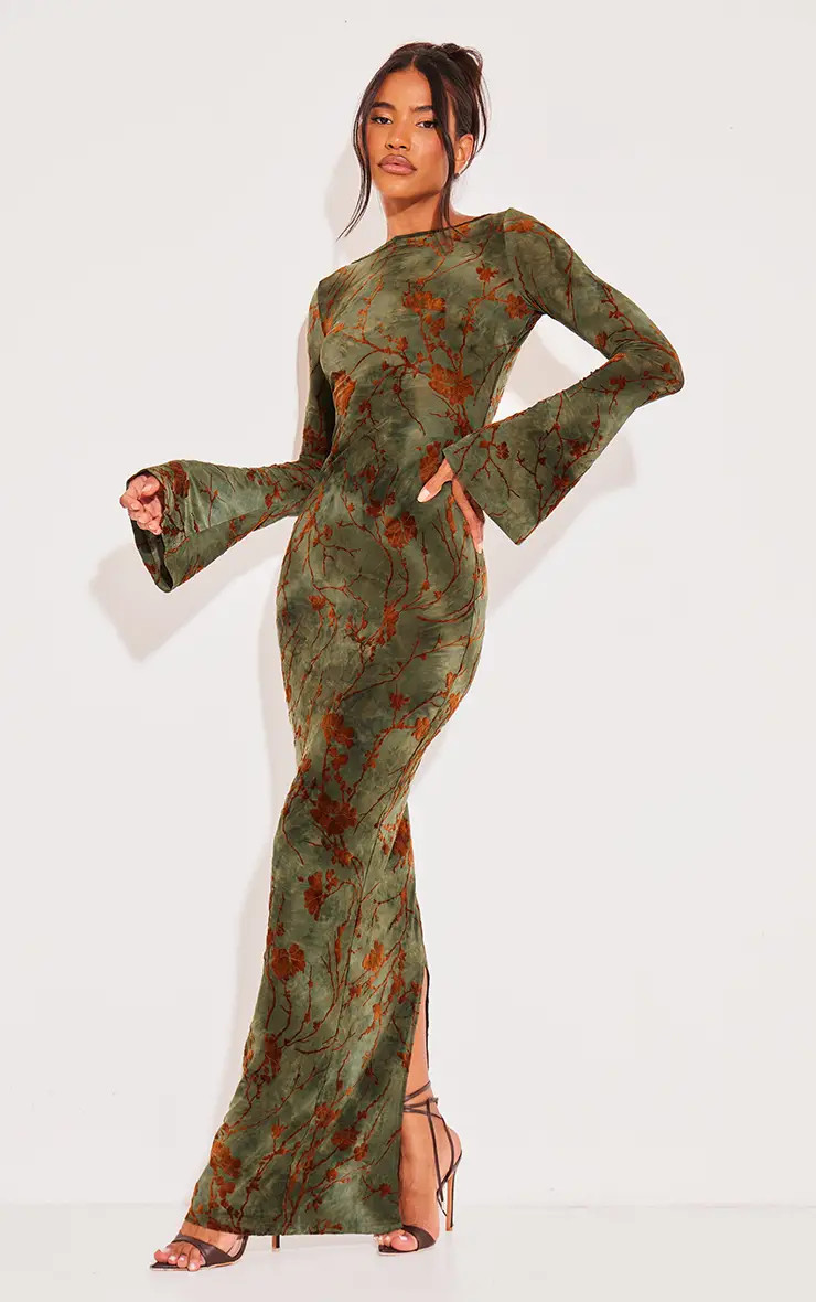 Green Floral Devore Long Sleeve Maxi Dress | PrettyLittleThing US