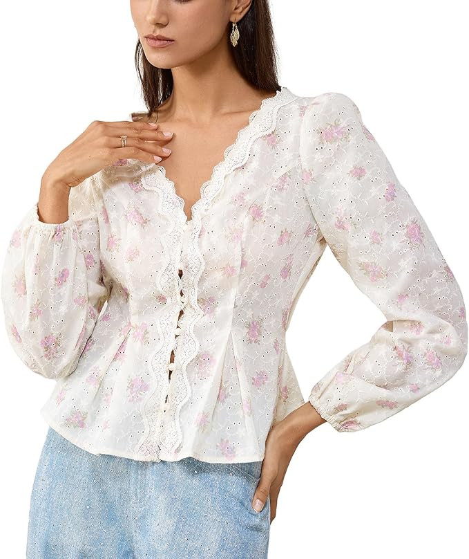 Women Blouse Lace Button V-Neck Shirt,Long Puff Sleeve Tie-Waist Cute Top | Amazon (US)