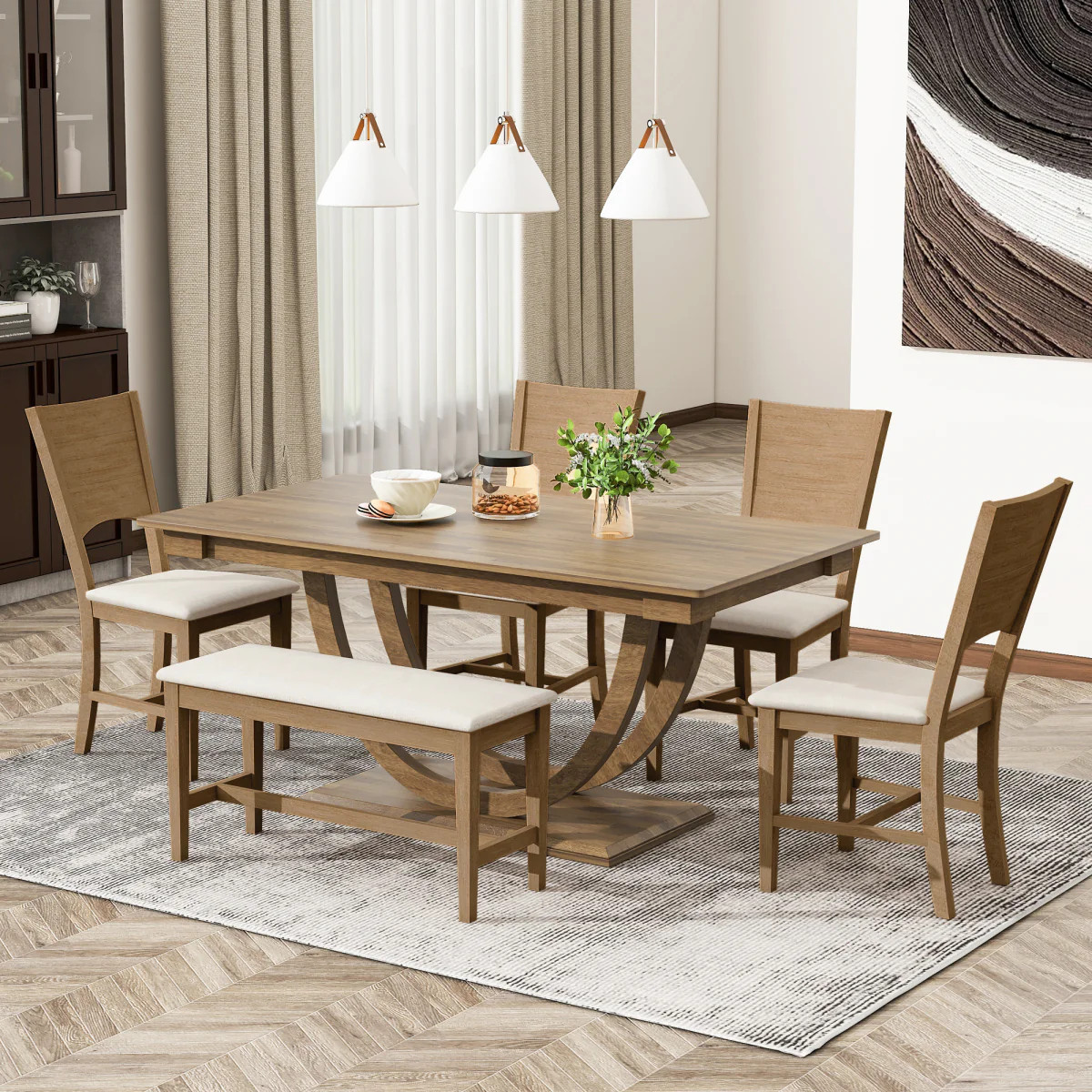 Streamdale 6-Piece Wood Half Round Dining Table Set with Bench and 4 Chairs, Brown | Shop Simon