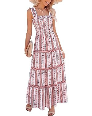 Caracilia Womens Summer Maxi Dresses Floral Smocked Sleeveless Ruffle Boho Casual Flowy Aline Bea... | Amazon (US)