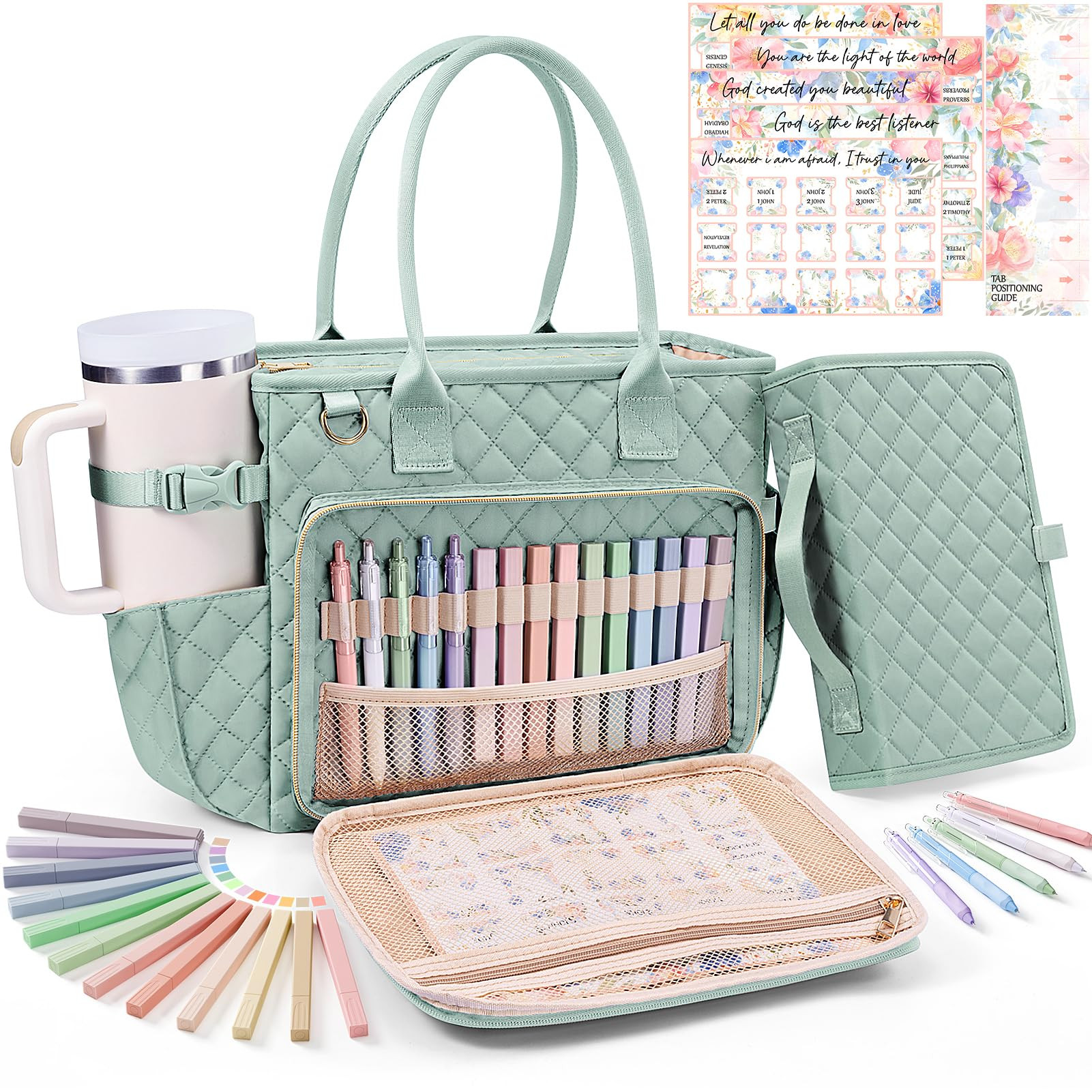 Large Bible Bag with Bible Cover Case for Women, Quilted Church Tote Bag Book Carrying Case w/Sho... | Amazon (US)