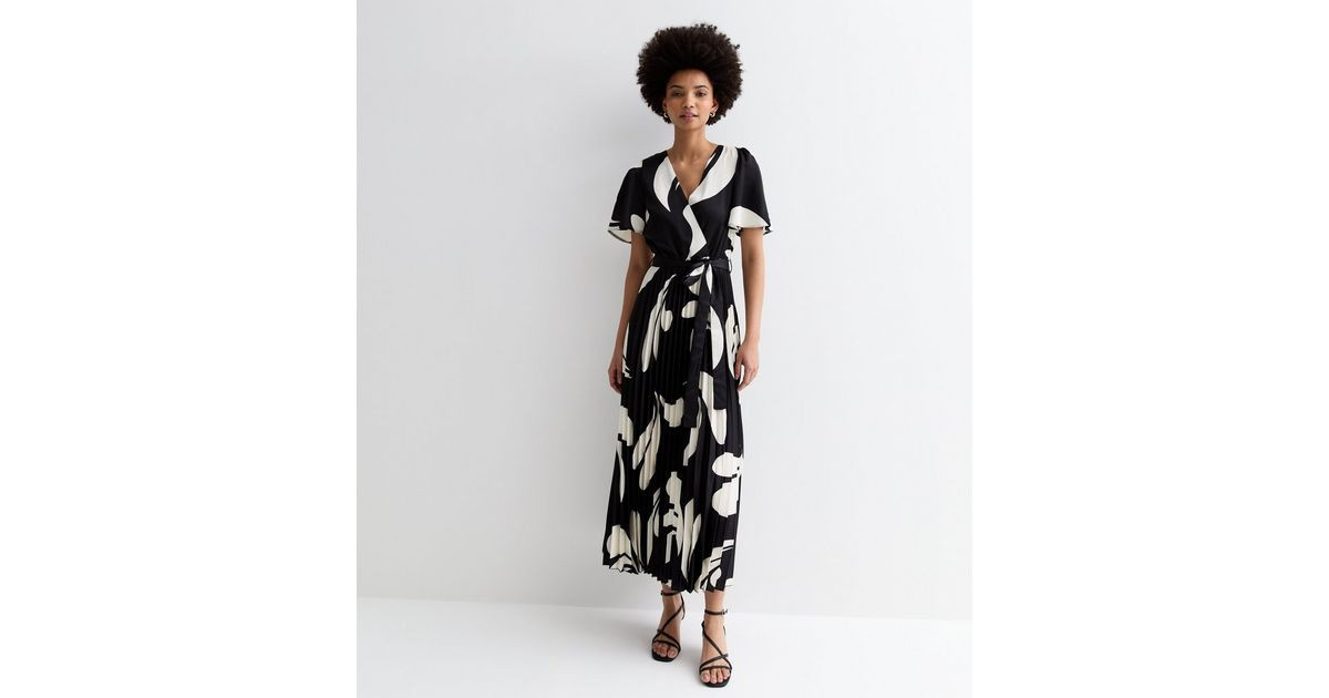 Tall Black Abstract Print Satin Pleated Midi Dress | New Look | New Look (UK)