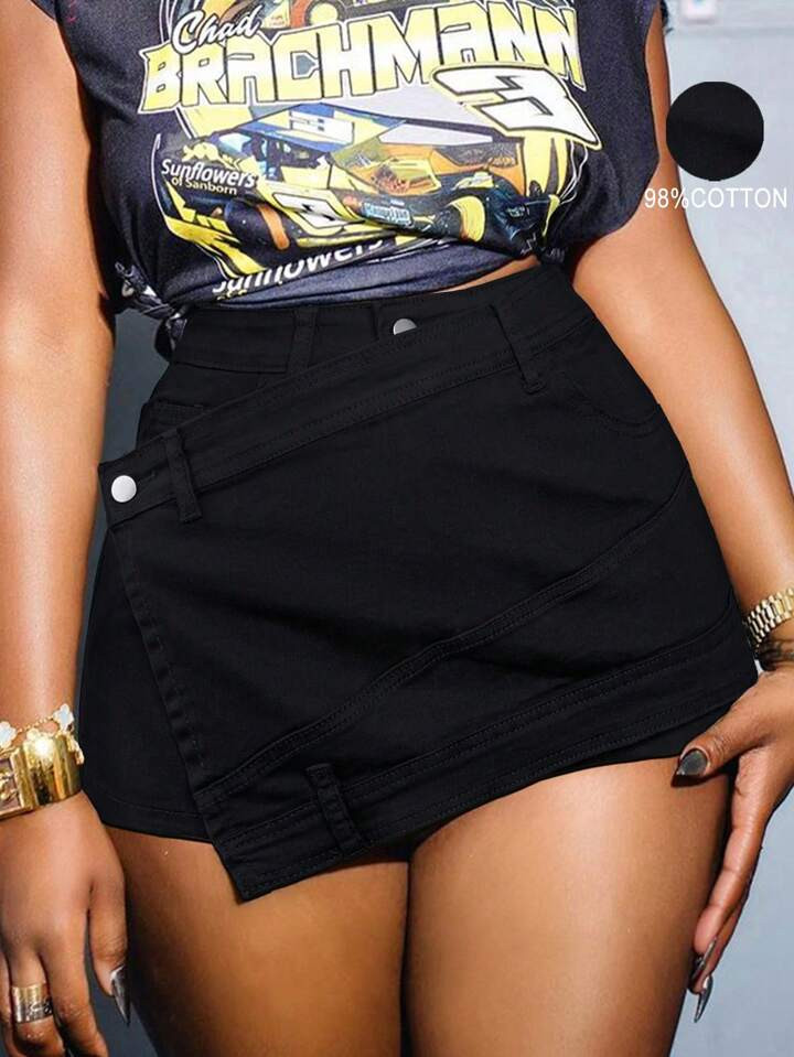 Rave Y2K Street Vintage Overlap Waist Wrap Solid Asymmetrical Hem A-Line Stretchy Skinny Cargo Denim Mini Skorts Music Festival Outfits | SHEIN