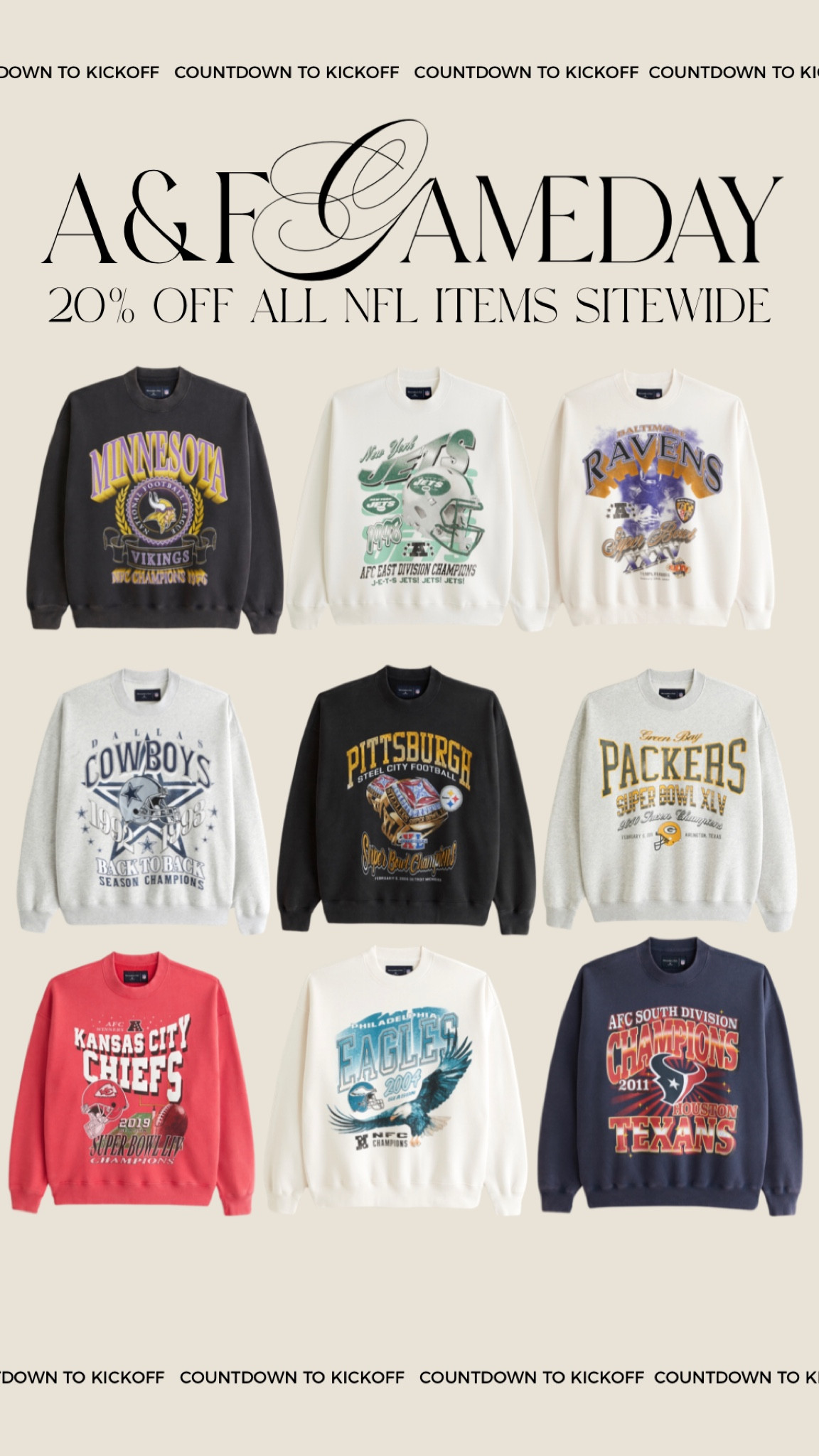 Abercrombie gameday! All nfl 20% off sitewide! 

#LTKFallSale #LTKSeasonal #LTKBacktoSchool