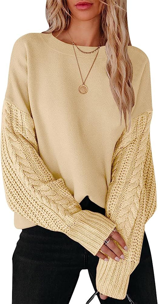 ANRABESS Women's Crewneck Long Sleeve Drop Shoulder Casual Solid Cable Knit Chunky Contrast Pullover | Amazon (US)