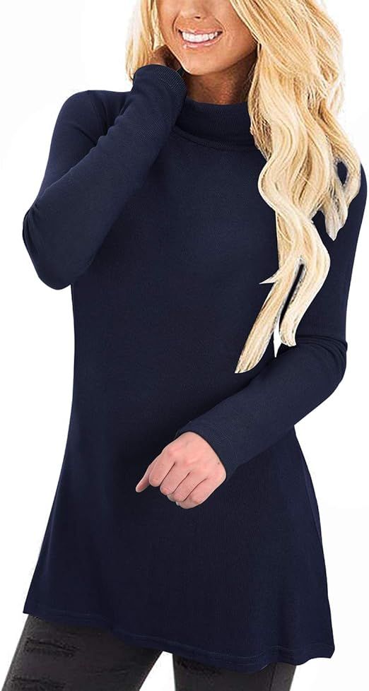 KILIG Women's Long Sleeve Turtleneck Hankerchief Hem Loose Casual Sweater Tunic Tops | Amazon (US)