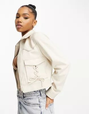 Miss Selfridge lace up crop faux leather contrast zip front western jacket in cream | ASOS (Global)