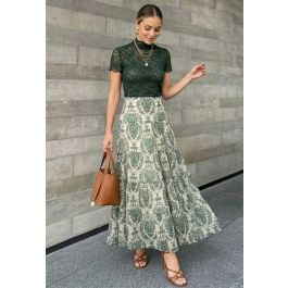Green Damask Printed Tiered Chiffon Maxi Skirt | Chicwish