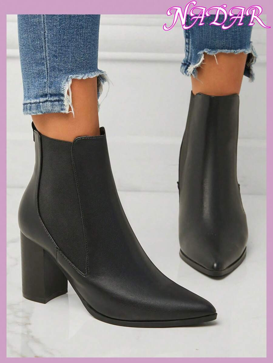 Women's Fashion Pointed Toe Block Heel Slip-On Chelsea Boots, Outdoor Commuting Faux Leather Amer... | SHEIN