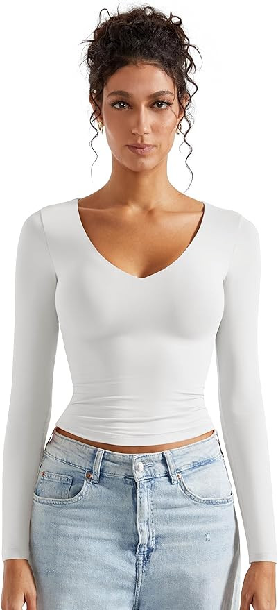 SUUKSESS Women Double Lined Casual V Neck Crop Tank Tops Basic Long Sleeve Shirts | Amazon (US)