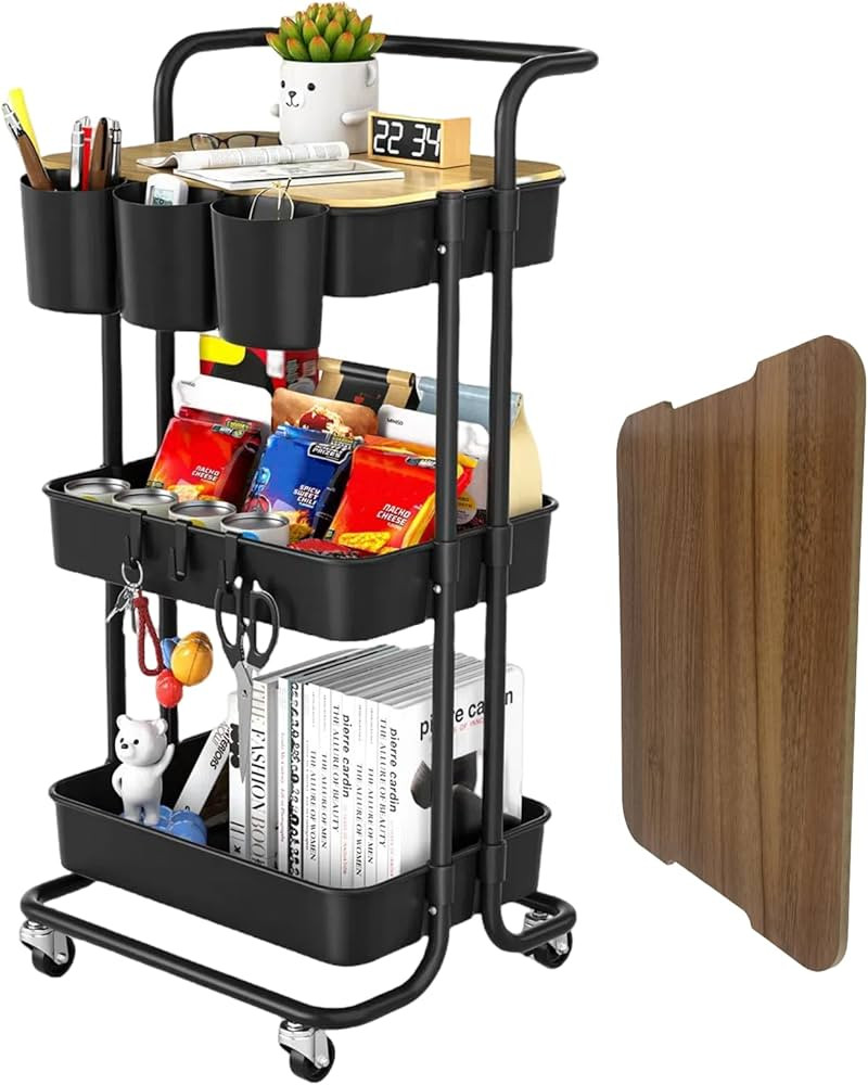 3 Tier Rolling Cart with Metal Handle, Table Top, Hanging Cups, Hooks, Plastic Storage Baskets& W... | Amazon (US)