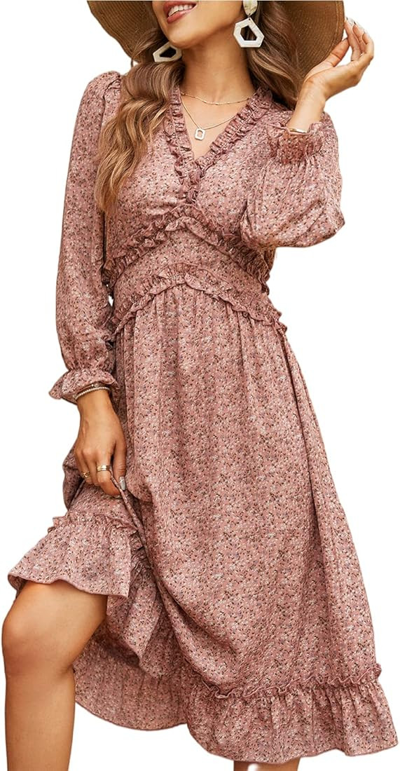 Simplee Women's V Neck Ruffles Floral Printed Long Sleeve Dress High Elastic Waist Flowing Midi Dres | Amazon (US)