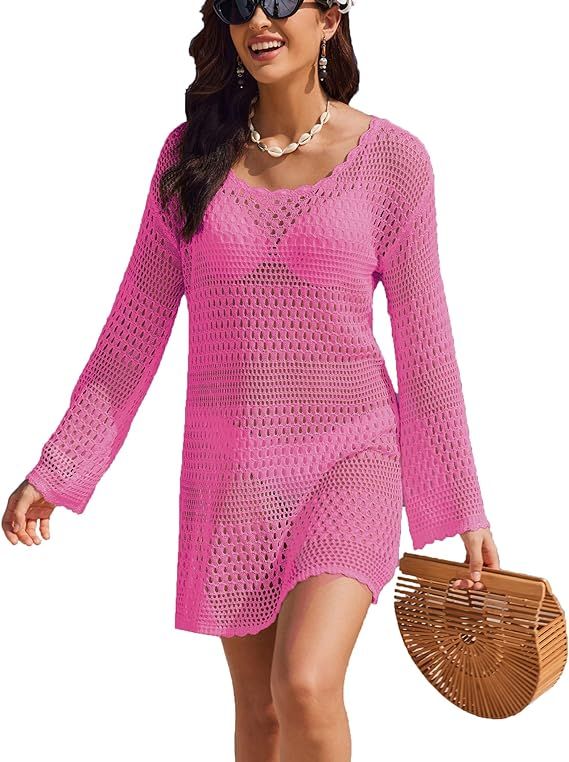 AI'MAGE Womens Crochet Cover Ups for Swimwear Knitted Hollow Out Long Sleeve Swimsuit Coverup Sum... | Amazon (US)