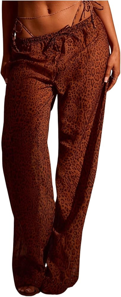 WDIRARA Women's Leopard Print Cover Up Pants Drawstring Waist Mesh Sheer Beach Pants | Amazon (US)