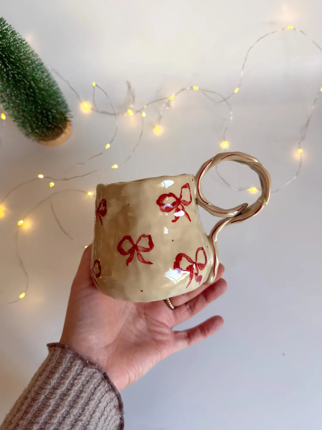 Cute Bows Christmas Handmade Ceramic Mug Design 2, Bow Pattern Handmade Ceramic Mug, Holiday, Des... | Etsy (US)