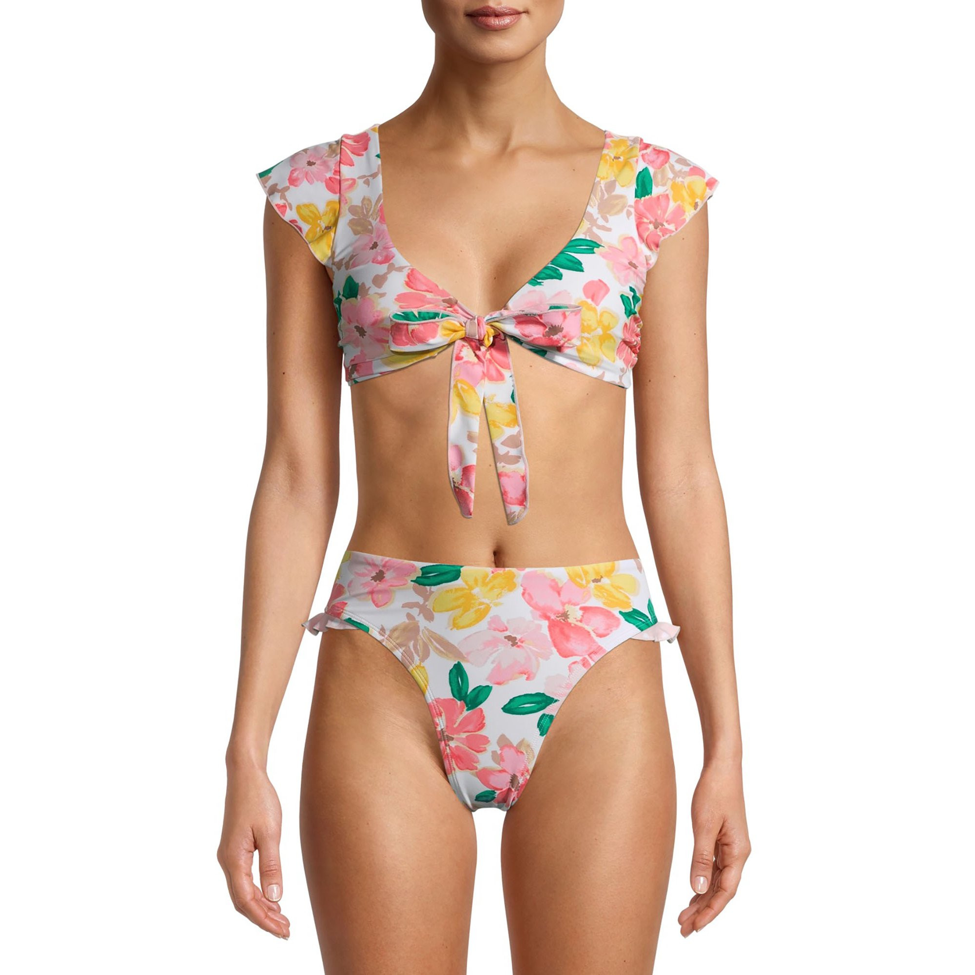 Time and Tru Printed Cap Sleeve Bikini Top with Tie-Front | Walmart (US)