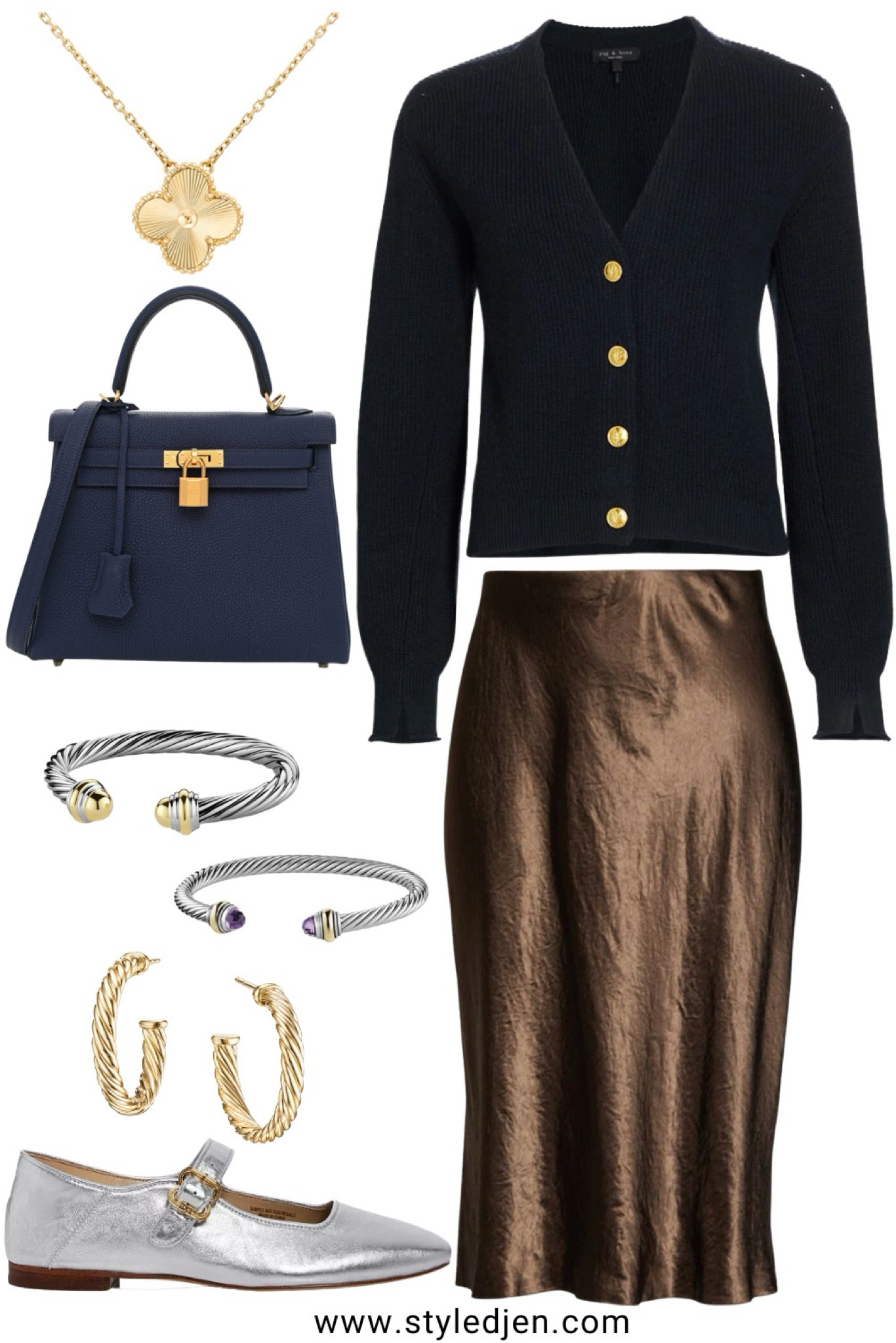 Rag and bone navy cardigan sweater (xs), Vince satin silk chocolate dark brown midi skirt (xs), Sam Edelman metallic ballet Mary Jane flats (tts)  



#LTKSeasonal #LTKStyleTip #LTKFindsUnder100