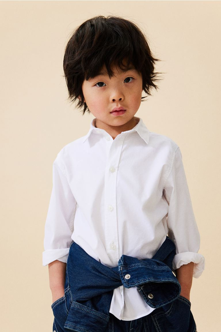 Long-sleeved Cotton Shirt - Long sleeve - Regular length - White - Kids | H&M US | H&M (US + CA)