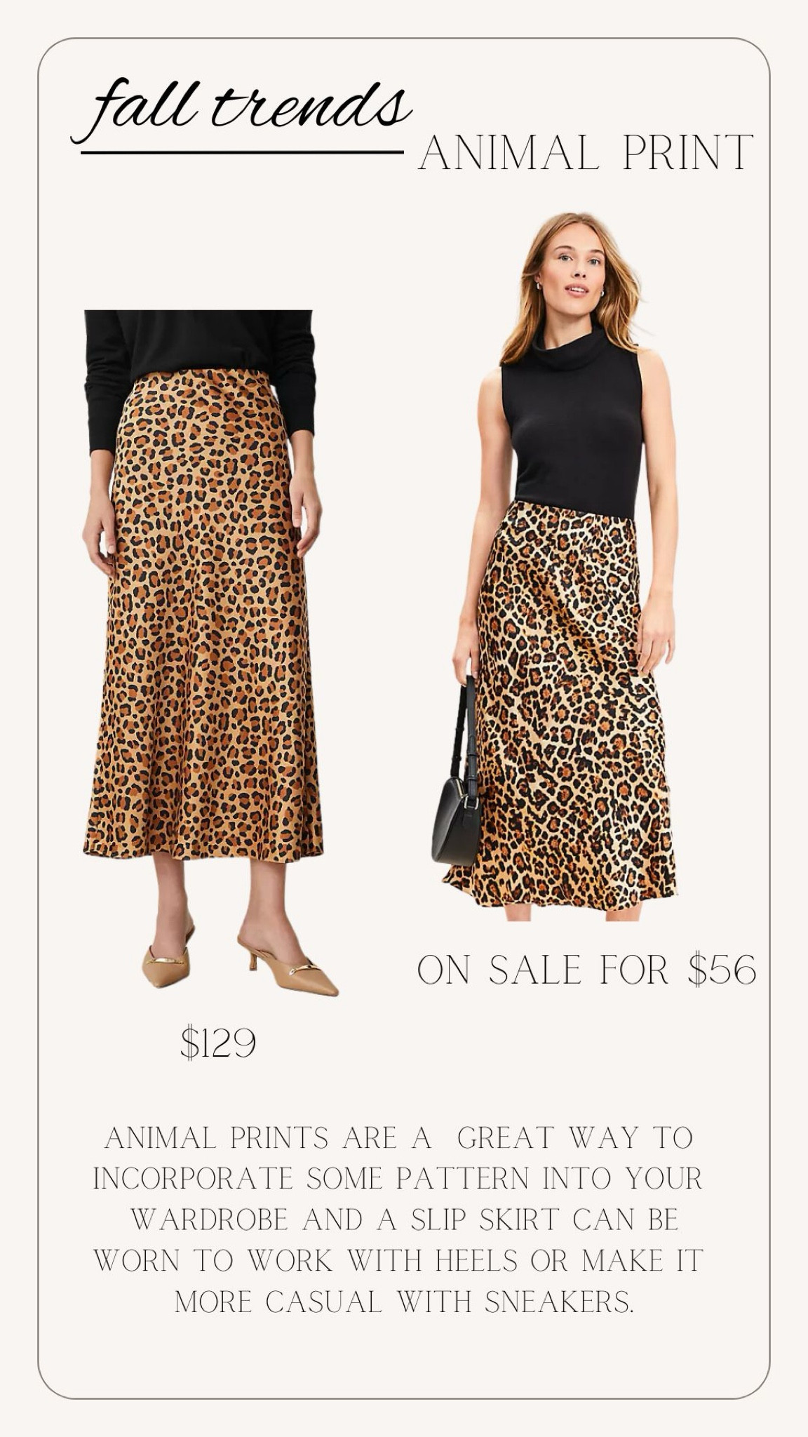 Animal print styles are so fun for fall makes a darker colored outfit pop! I love animal print skirts to wear to work or to wear casually with a t-shirt and sneakers 

#LTKStyleTip #LTKSaleAlert