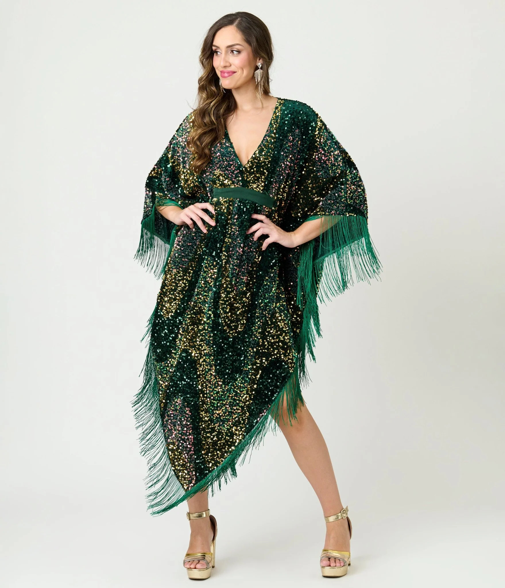 Smak Parlour Green Sequin Fringe Caftan Dress | UniqueVintage