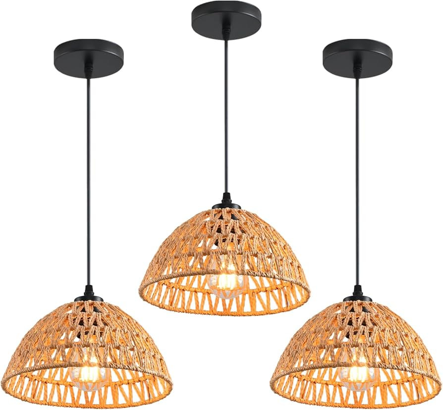 3 Pack Woven Pendant Light Fixtures,10.2" Brown Rattan Pendant Lights Farmhouse Basket Light Fixt... | Amazon (US)
