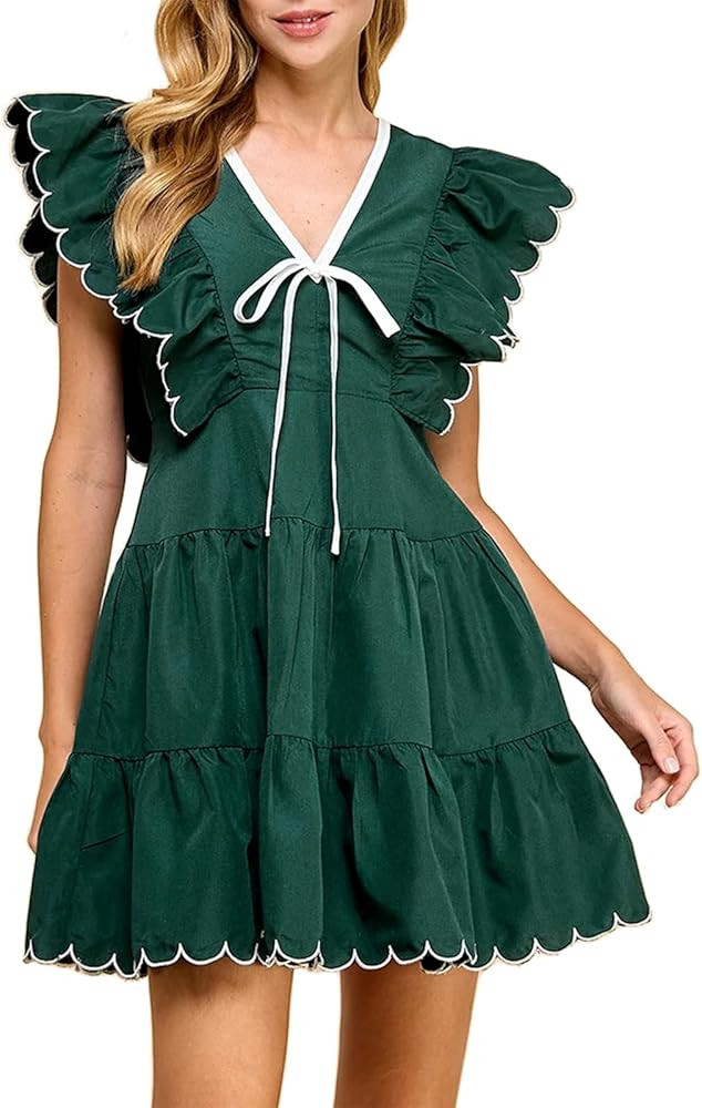 Ruffle Sleeve Tiered Babydoll Mini Dress for Women with Bow Tie Front, Scalloped Edge Contrast Tr... | Amazon (US)