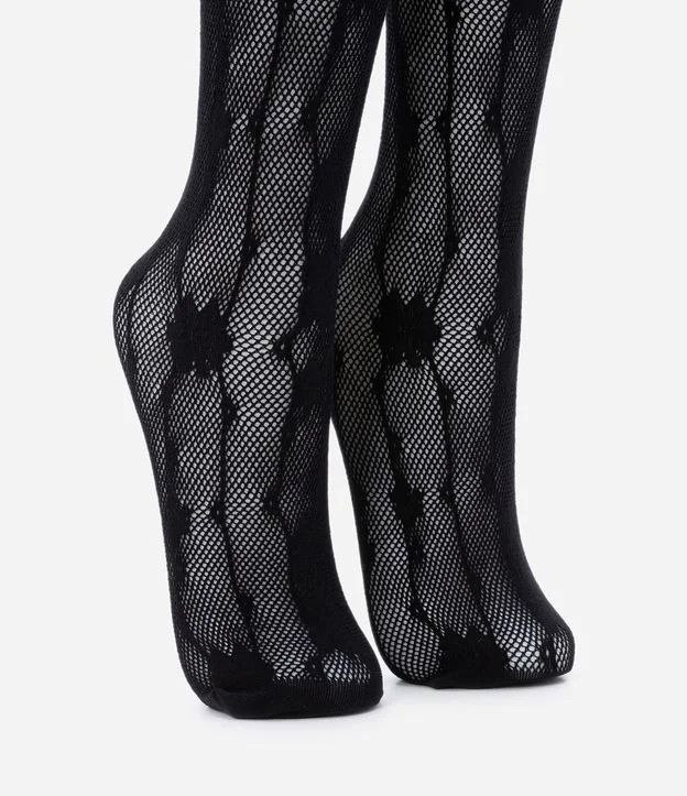 Meia Calça em Poliamida com Renda Floral Preto | Renner (BR)