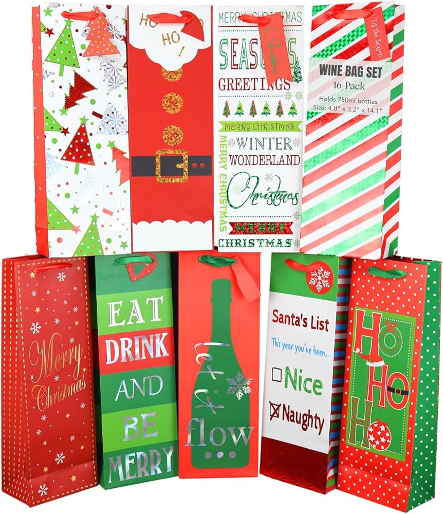 Iconikal 16-Pack Heavy-Duty Christmas Wine Bottle Gift Bags, Thick Paper with Ribbon Handles, Ass... | Amazon (US)