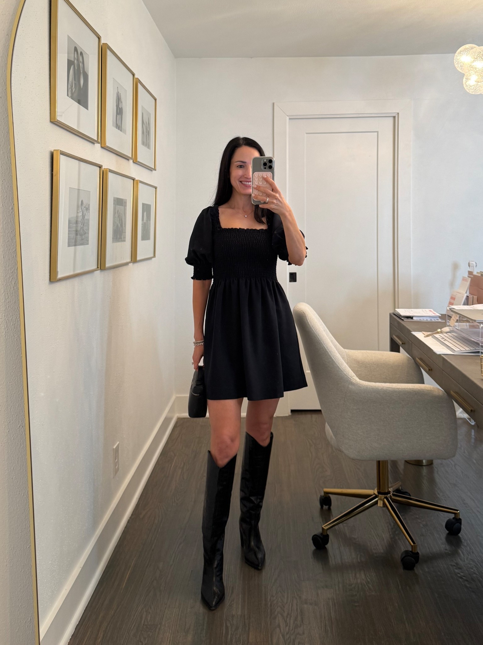 Date night ootn🖤 this hillhouse dress is extra 25.% off making it only $60!! Also comes in navy  It’s the wrinkle free crepe fabric version (not the cotton) With my fave Schutz boots 

#LTKPetite #LTKSaleAlert #LTKOver40
