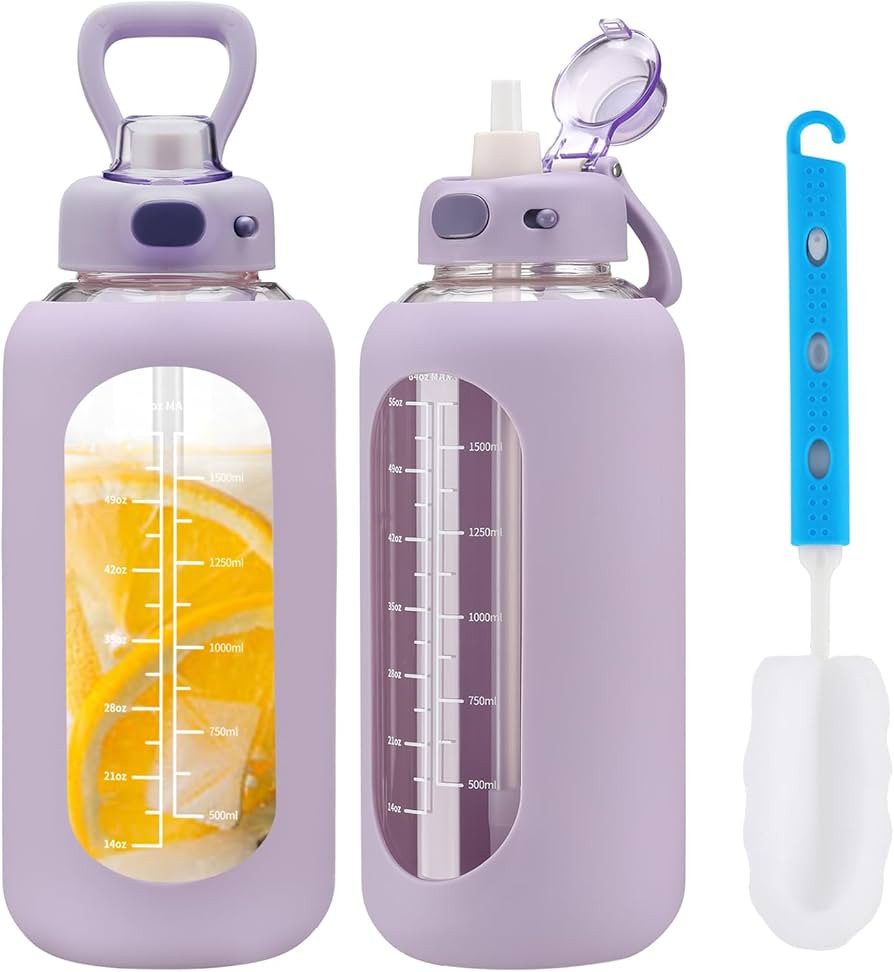 SIEROZUR 64 oz Glass Water Bottle with Straw Half Gallon Motivational Water Bottle with Silicone ... | Amazon (US)