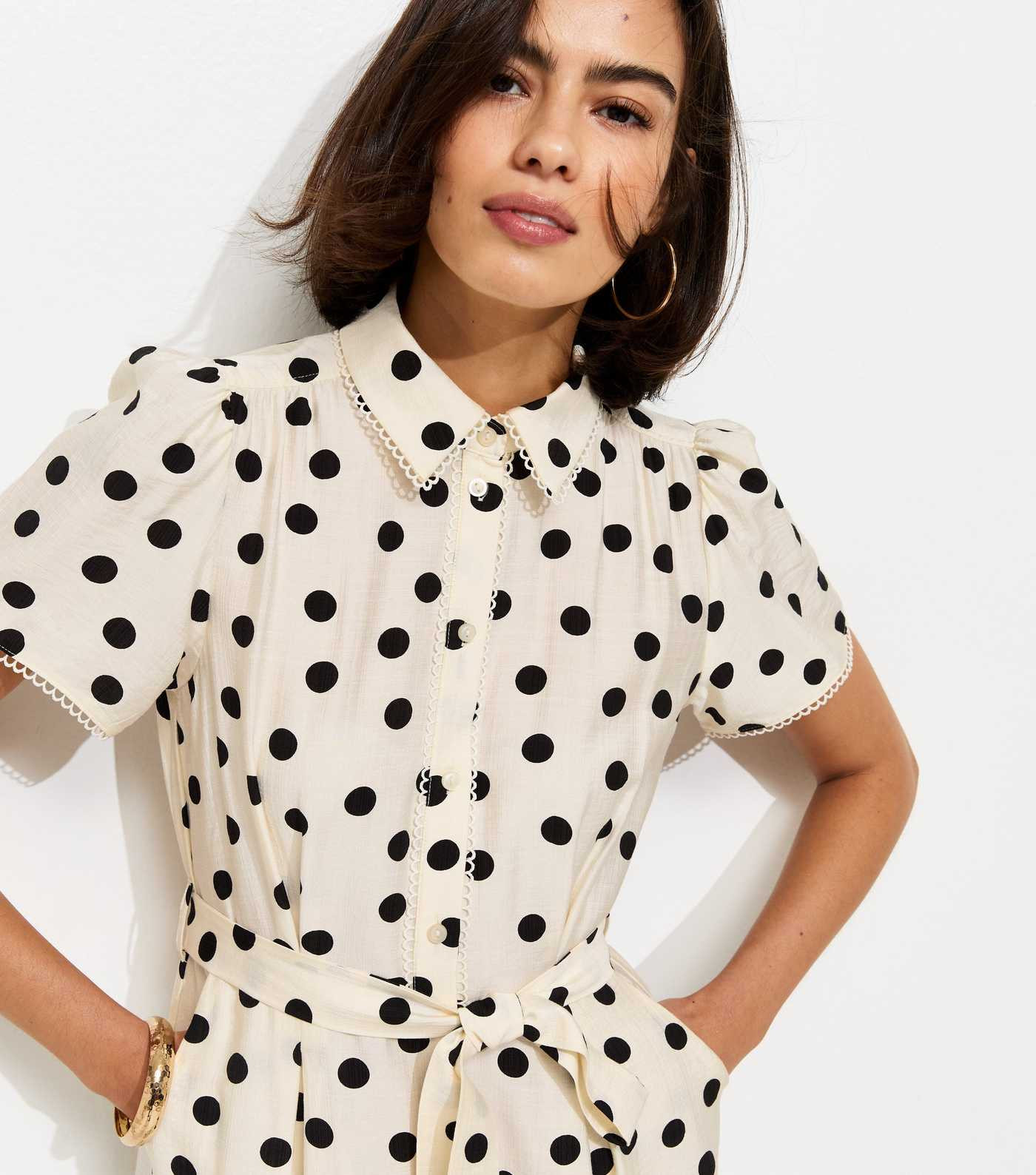 White and Black Frill Trim Polka Dot Shirt Midi Dress | New Look | New Look (UK)