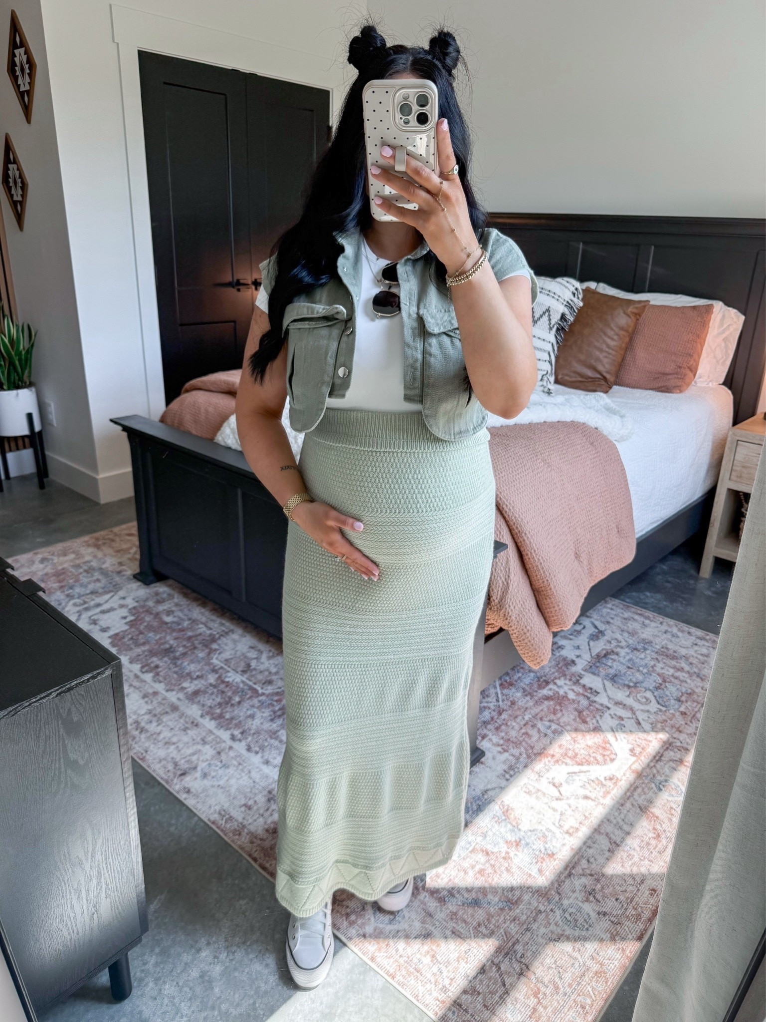 Sage Green Spring Outfit 🤍

Maternity Tee - xs
Denim Top - medium
Skirt - small
Bralette - medium

*Also linked a non maternity version of my tee & nude spandex shorts that you could wear under this knit skirt if you prefer! 

I absolutely love sage green for spring! This knit skirt has so much stretch and works great with the bump (but it is non maternity!) I didn't find the knit material to be sheer whatsoever, but you could always layer a pair of nude boy shorts underneath if you prefer! I paired it with this white maternity tee (one of my favorites! So lightweight and stretchy), added this sage green denim top, and finished the look with my white platform leather converse & some sunglasses. 👏🏼

#LTKootd #LTKBump