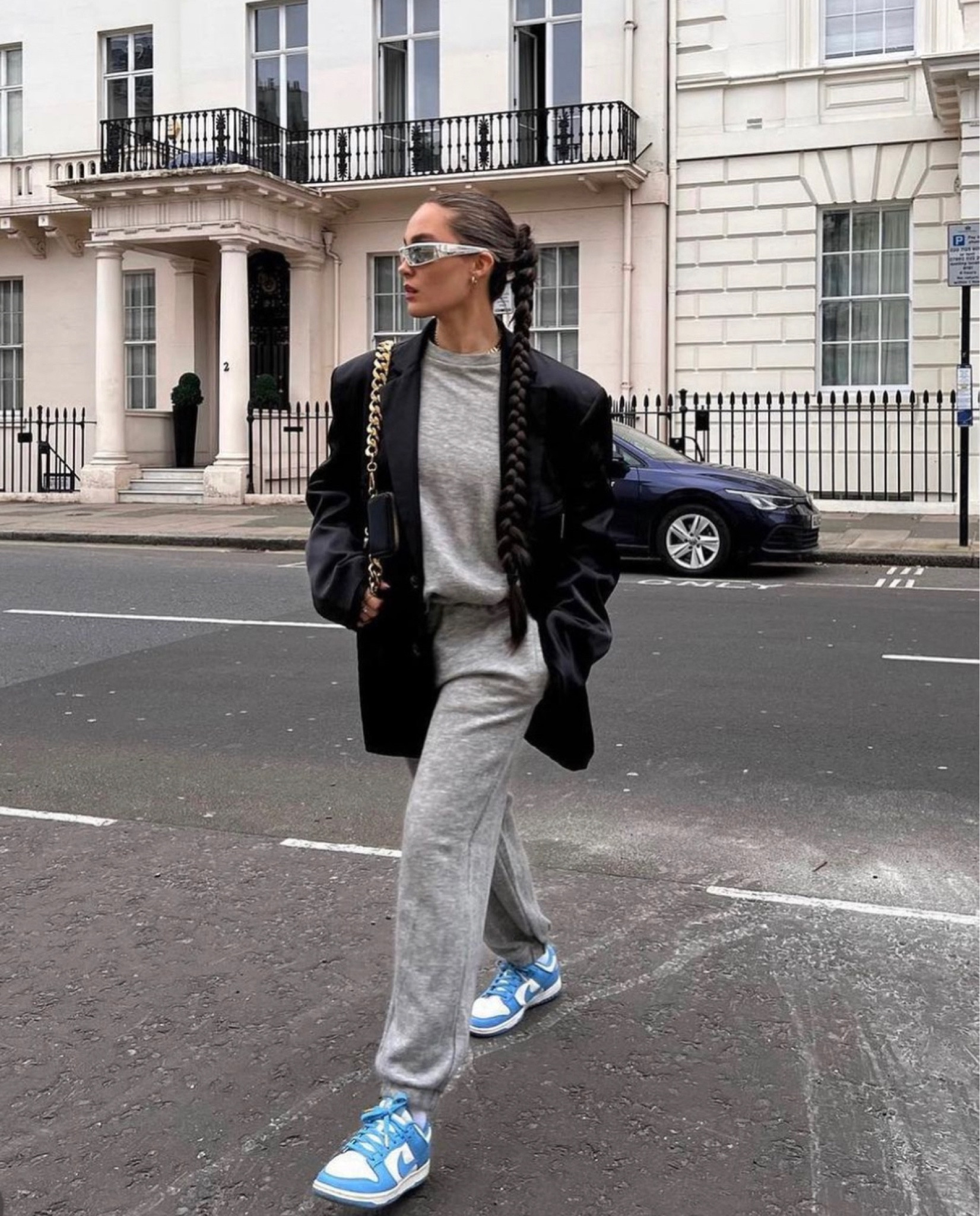 Baby blue Nike dunk lows, oversized blazer, street style, grey tracksuit set, Nike trainers, silver sunglasses, oversized fit, casual look, autumnal fashion, transitional styling, autumn style 

#LTKSeasonal #LTKstyletip #LTKeurope