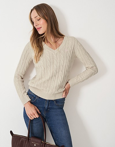 V Neck Chunky Heritage Cable Jumper in Oat | Crew Clothing (UK)