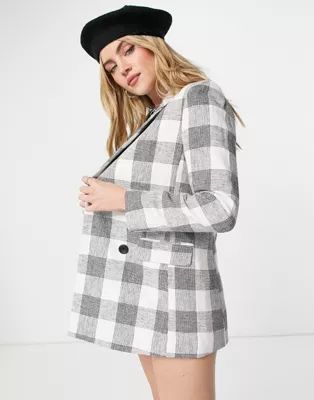 Stradivarius double breasted linen blazer in gray plaid | ASOS | ASOS (Global)